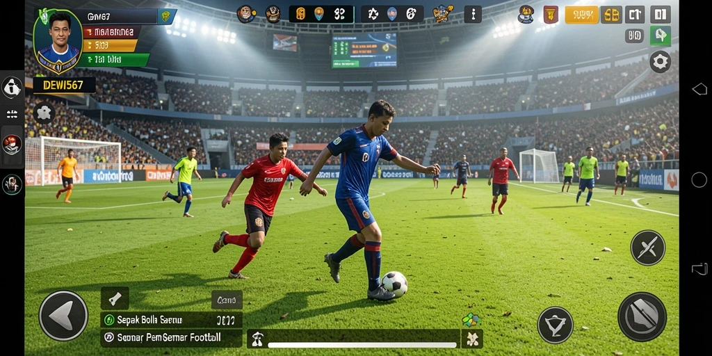 Tampilan gameplay seru dalam DEWI567 yang menampilkan aksi sepak bola.