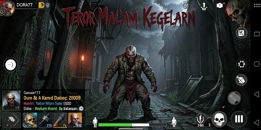 Tampilan gameplay DORA77 dengan suasana menyeramkan dan tantangan menegangkan.