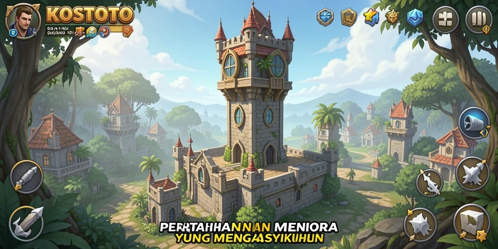 Tangkapan layar gameplay KOSTOTO dengan menara yang siap bertahan dari serangan.