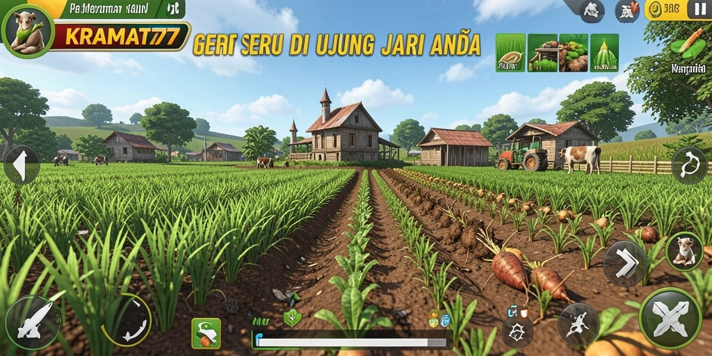 Tampilan gameplay KRAMAT77 yang menarik dengan berbagai aktivitas pertanian.