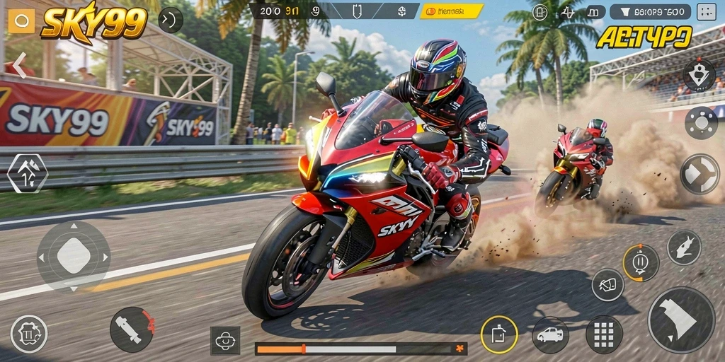 Screenshot utama SKY99 menampilkan aksi balapan motor yang seru.